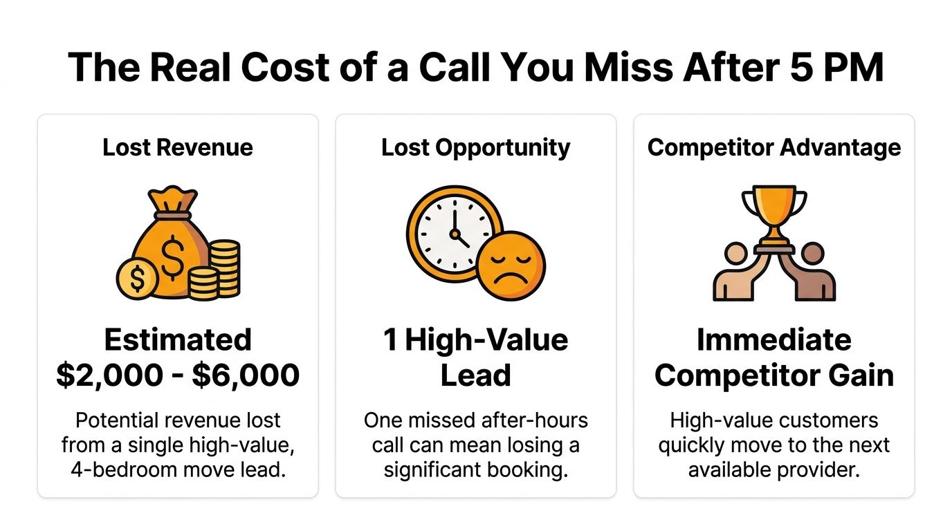 An infographic showing the revenue, lead, and competitive losses incurred by moving companies missing after-hours calls.