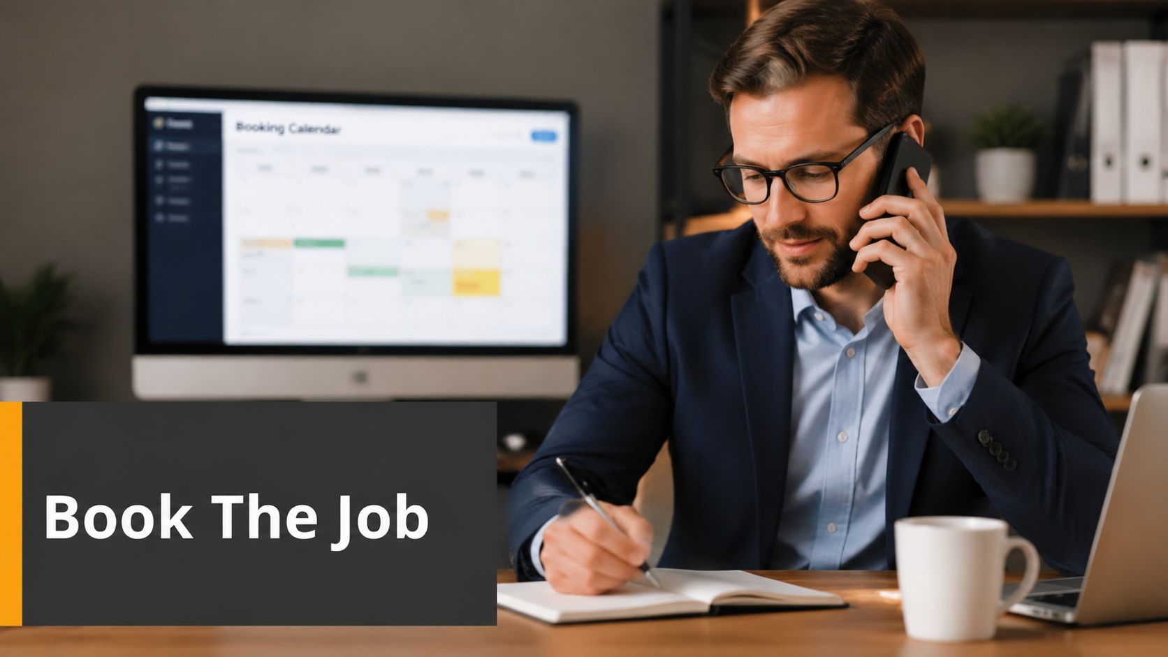 A professional man in a business suit taking notes while on a phone call at his desk.