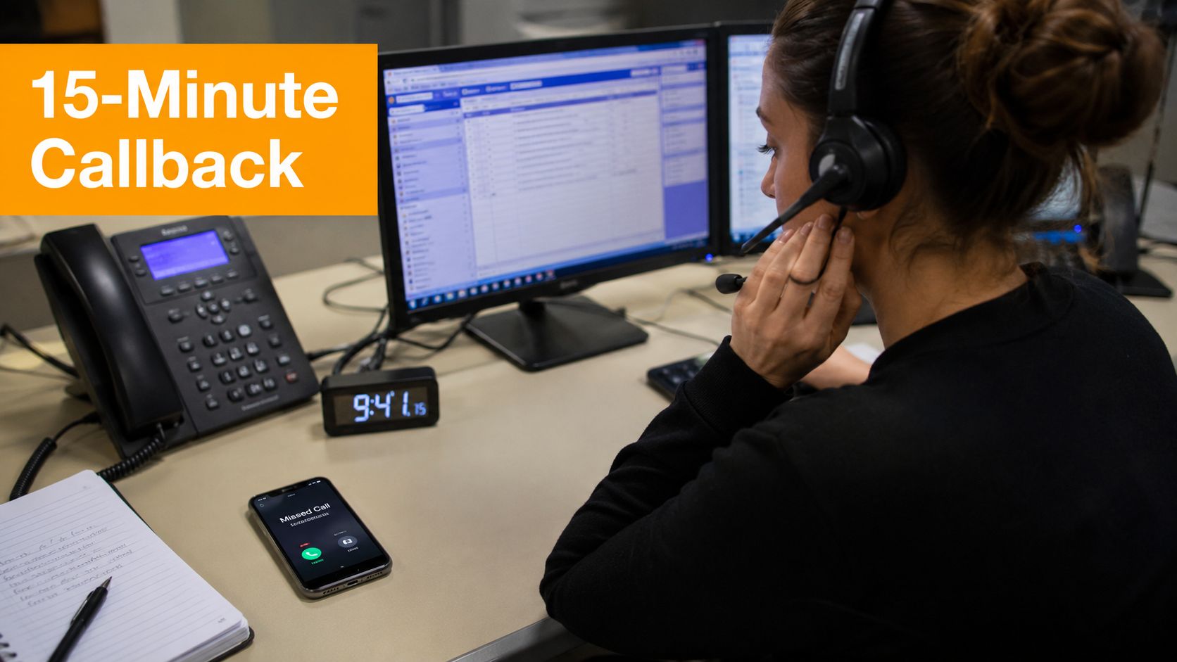 A professional customer support dispatcher wearing a headset while working at a computer in an office.