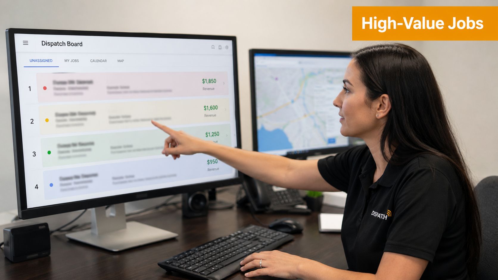 A female dispatcher manages high-value moving jobs on a digital screen at her workstation in an office.