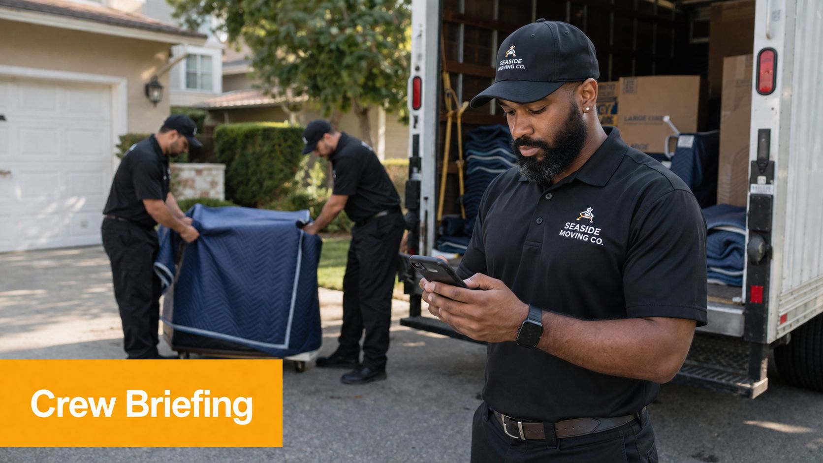 A moving company crew leader uses a smartphone while his teammates move equipment in the background.