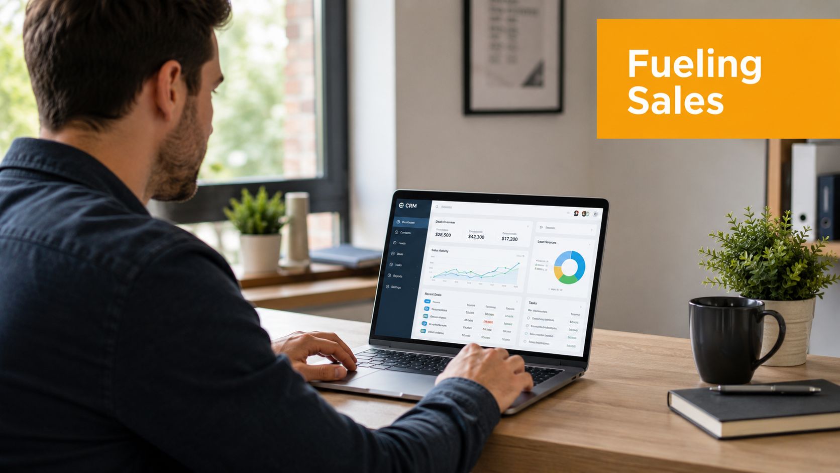 A professional man working on a CRM dashboard on his laptop to manage moving company expenses.
