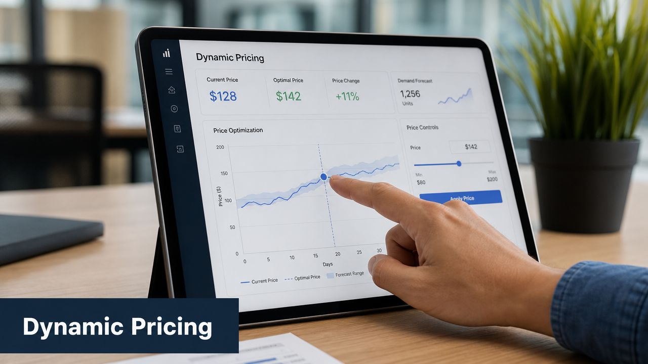 A person adjusting dynamic pricing settings on a digital tablet screen showing sales forecast data.
