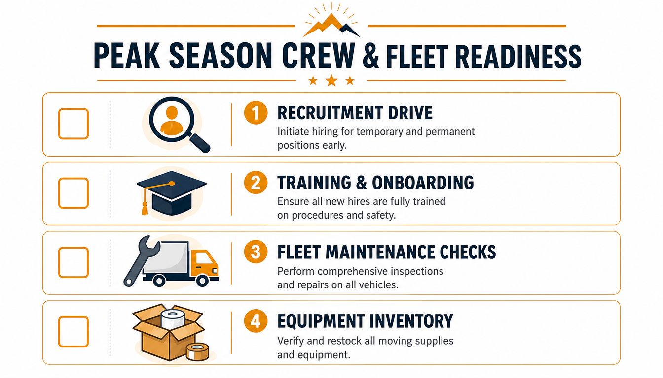 A checklist infographic outlining four key steps for moving company peak season crew and fleet readiness.