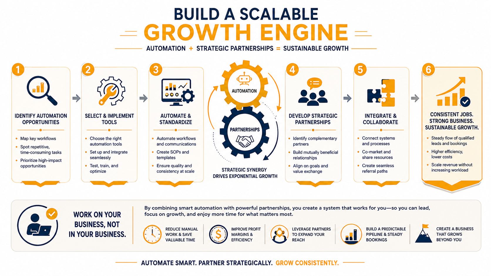 A six-step infographic illustrating a scalable growth engine through automation and strategic partnerships for business success.