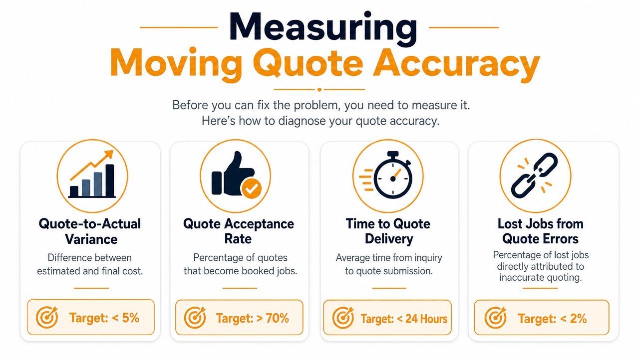 An infographic showing four key performance indicators for measuring and improving moving company quote accuracy.