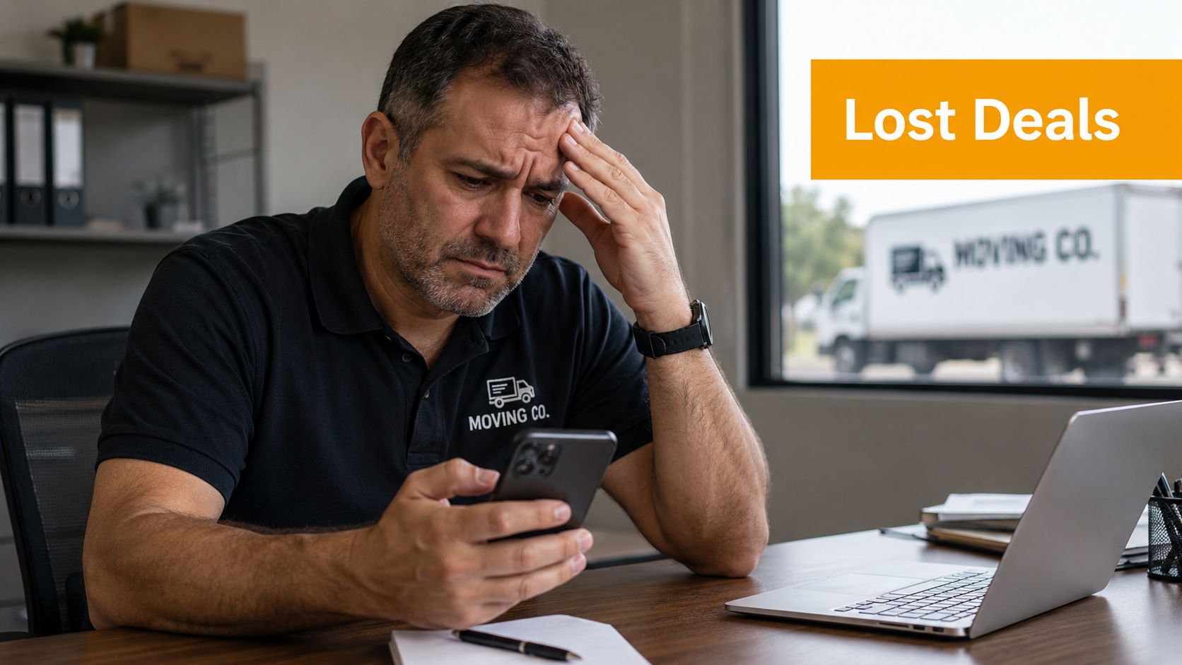 A stressed man wearing a moving company polo shirt looking at his smartphone in a modern office.