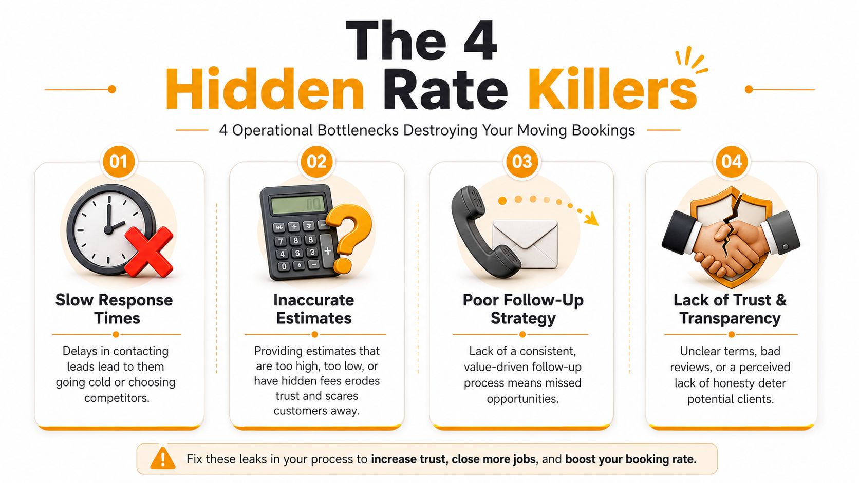 An infographic detailing four operational bottlenecks that negatively impact moving company booking rates and customer conversions.