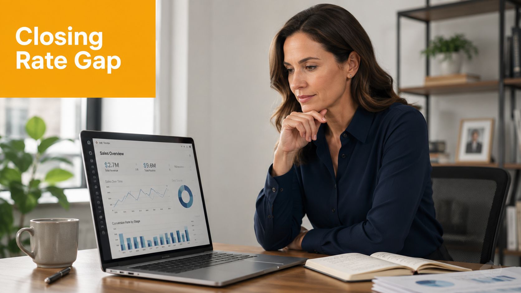 A professional woman analyzing sales data charts on her laptop screen in a modern home office.